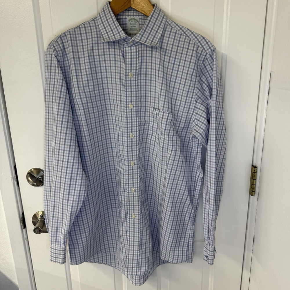 Brooks Brothers Milano Shirt Mens‎ Large Blue White Non Iron Supima Cotton Plaid